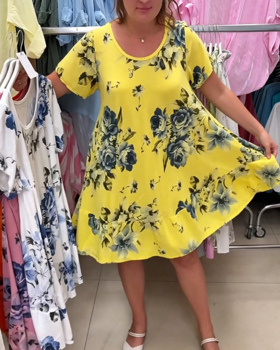 Crew Neck Floral A-Line Dress