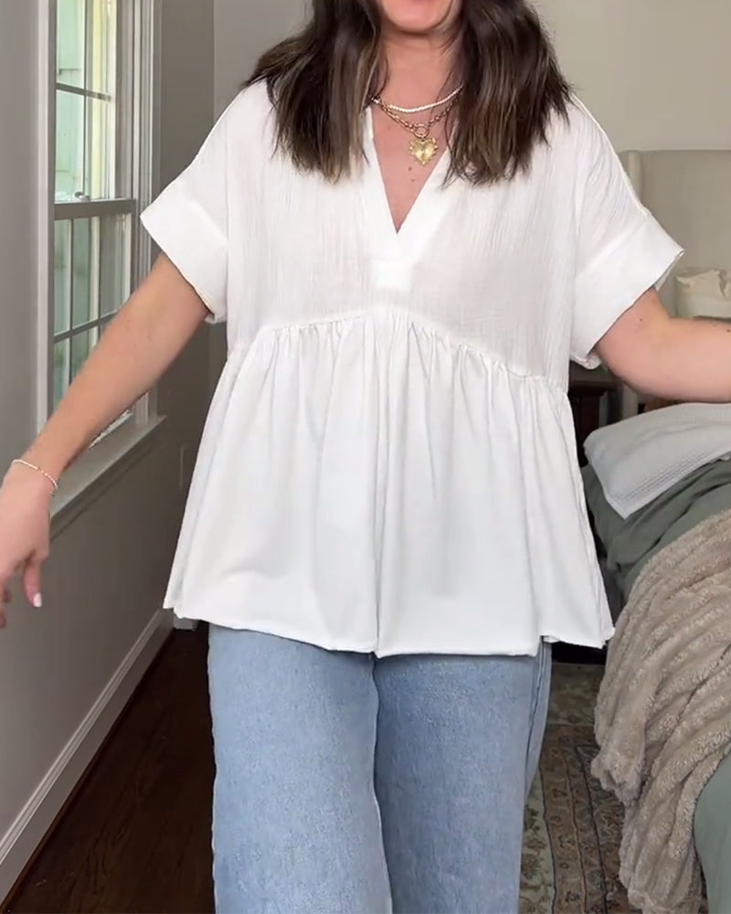 V-Neck Loose Solid Color Doll Blouses