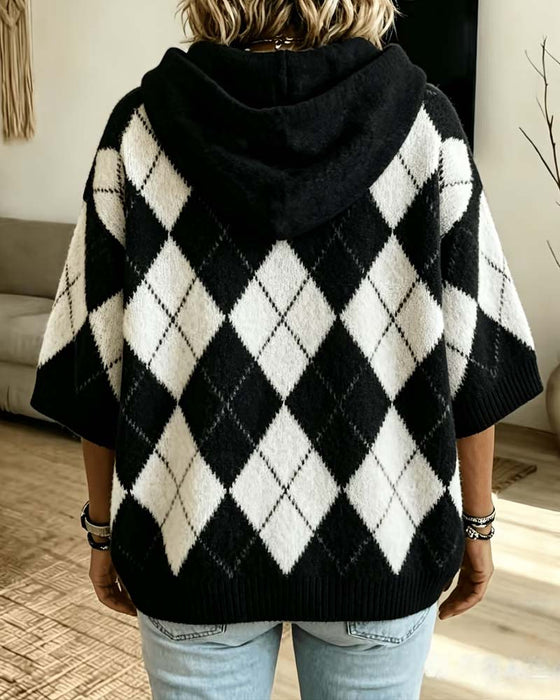 Plaid Hooded Three-Quarter Sleeve Pullover