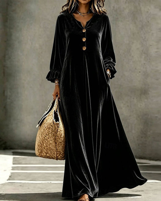 V-Neck Ruffle Trim Long Sleeve Velvet Dress