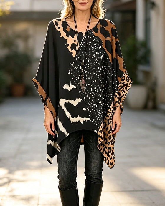 Round Neck Leopard Print Sequin Patchwork Blouse