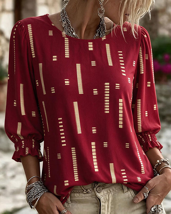Geometric Print Three-Quarter Puff Sleeve Top
