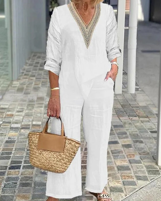 V-Neck Long Sleeve Casual Two-Piece Set