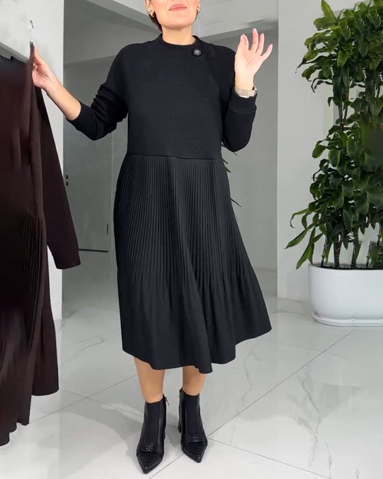 Pleated Paneled Long-Sleeved Dress