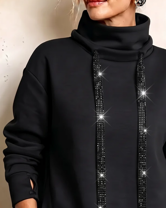 High-Neck Rhinestone Drawstring Sweatshirt