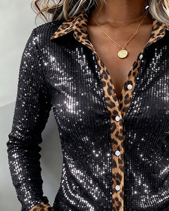 Stylish Leopard Lapel Long Sleeve Shirt