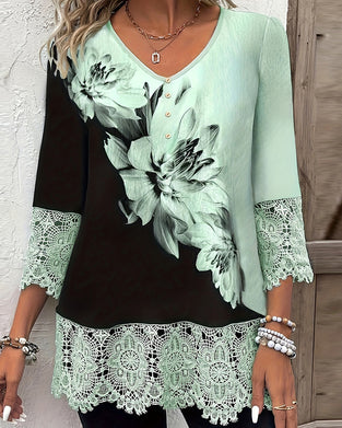 V-Neck Floral Color-Blocked Lace-Trimmed Shirt