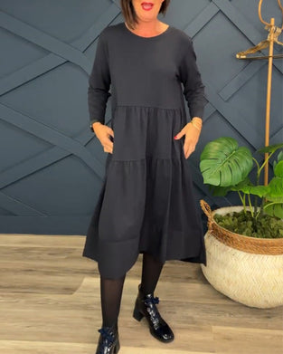 Casual solid color round neck patchwork dress