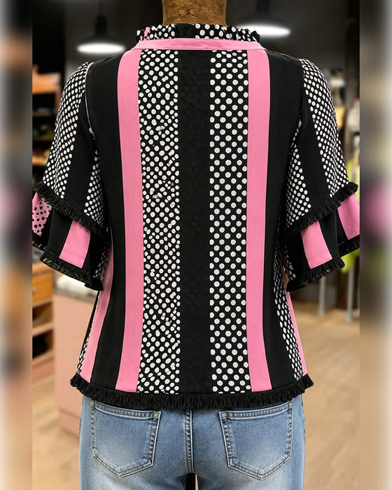 Polka Dot Contrast Patchwork Ruffle Shirt
