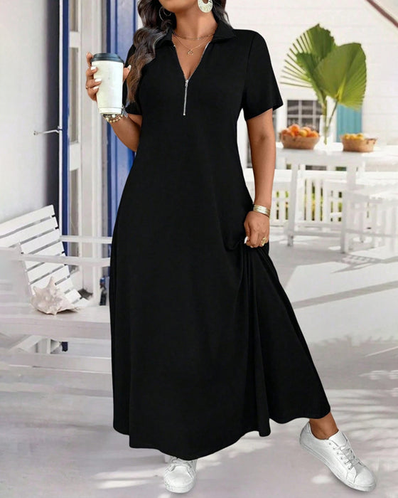 Short Sleeve Solid Zipper Maxi Dress
