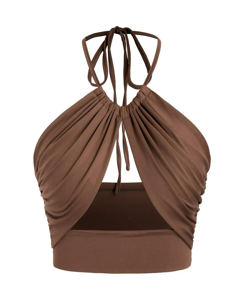 Women's Ruched Tie Back Halter Neck Crop Cami Top