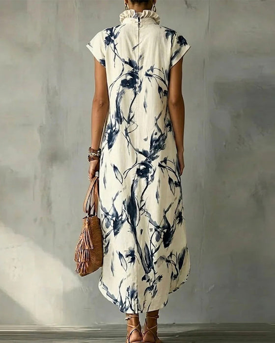 Ink Blue Stand Collar Sleeveless Dress
