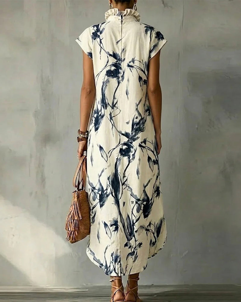 Ink Blue Stand Collar Sleeveless Dress