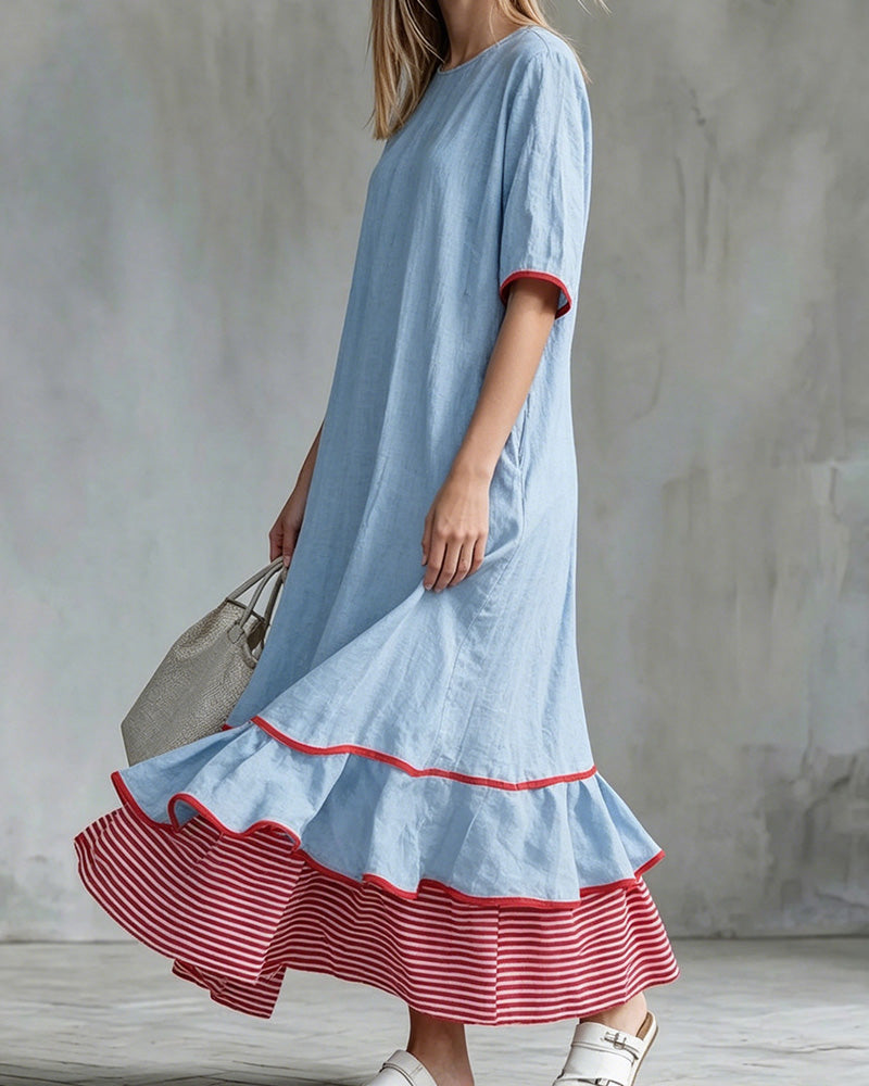Color Block Stripe Ruffled Maxi Dress