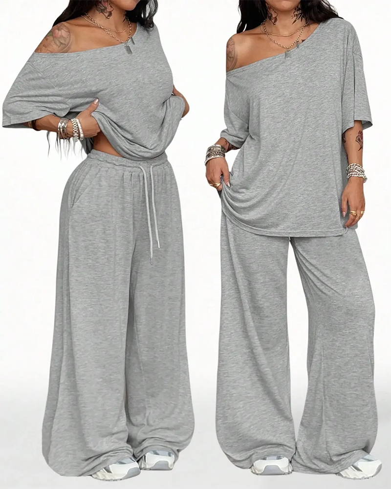 Oblique Neck Drawstring Waist Wide Leg Pants Set