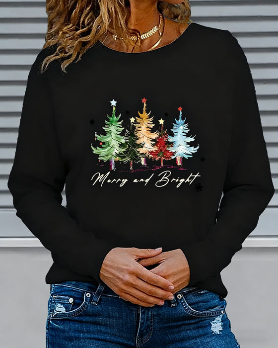 Long-Sleeved Crew Neck Christmas Tree Print Top