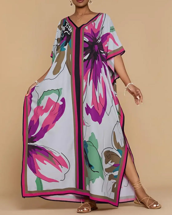V-Neck Loose Print Resort Cover-Up Dress
