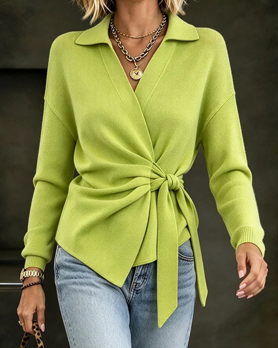 Solid-Color Long-Sleeve Tie-Front Pullover