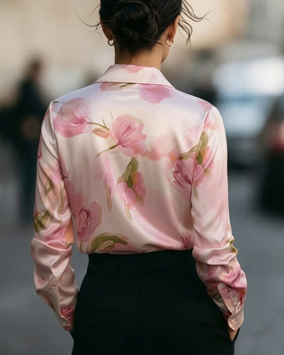 Lapel V-Neck Floral Print Long Sleeve Blouse