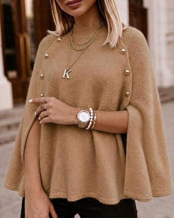 High Neck Buttoned Slit Pullover