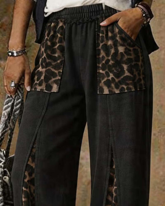 Leopard Print Wide-Leg Patchwork Casual Pants