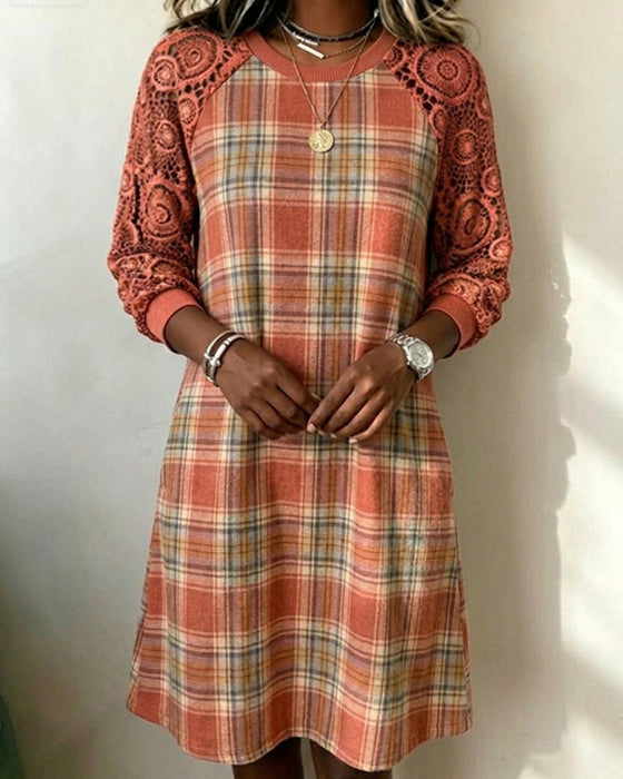 Plaid Lace Raglan Midi Dress