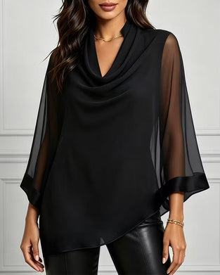 Mock Neck Irregular Solid Sheer Blouse