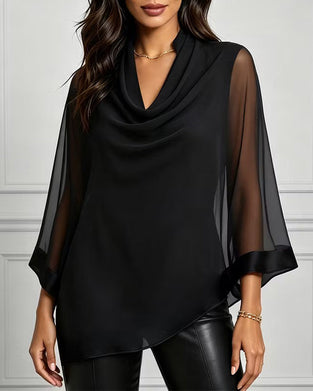 Cowl Neck Irregular Solid Sheer Blouse