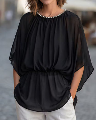 Solid-Color Batwing-Sleeve Blouse With A Fitted Waist