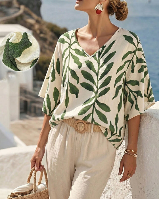 V-Neck Half Sleeve Leaf Print Blouse