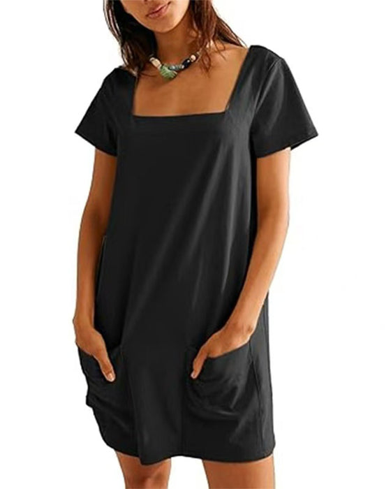 Square Neck Short-Sleeved Pocket Dress