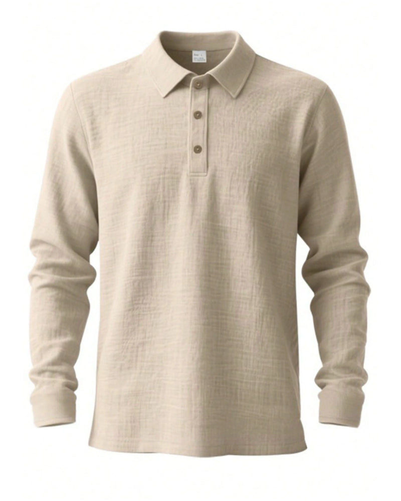 Men's Lightweight Loose Linen Long Sleeve Polo Shirt