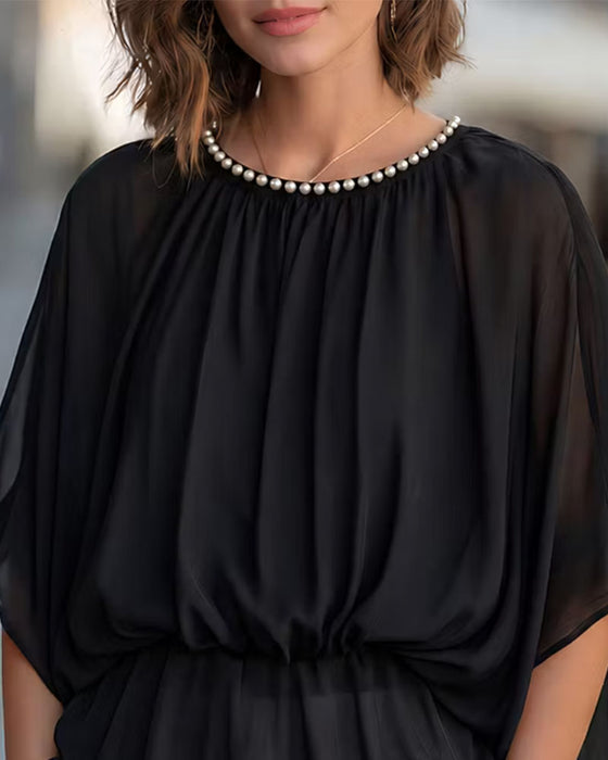 Solid-Color Batwing-Sleeve Blouse With A Fitted Waist