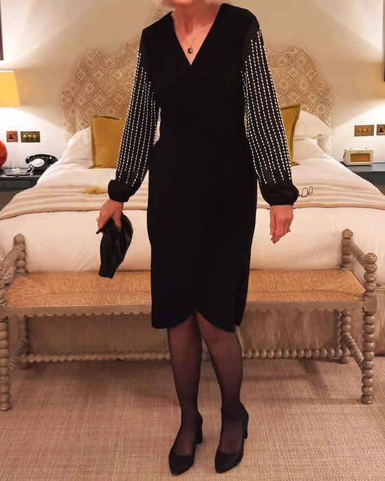 V-Neck Long Sleeve Fitted Waist Midi Dress