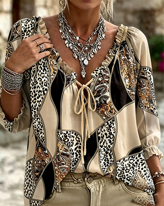 V-Neck Leopard Puff Sleeve Tie Blouse