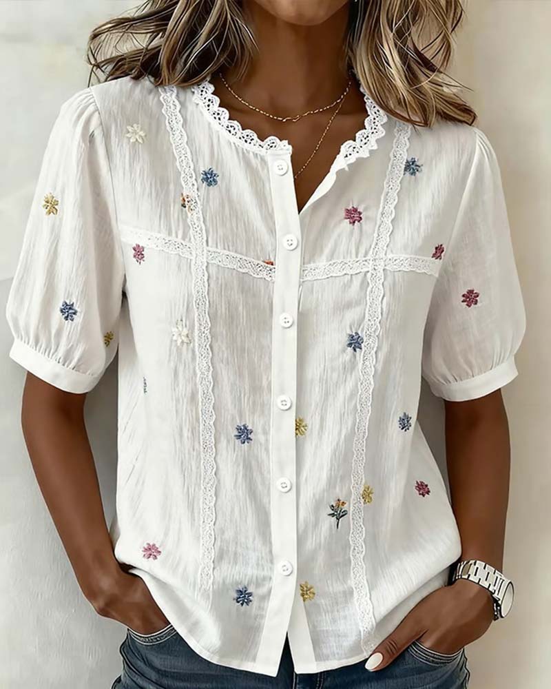 Button-Down Lace Spliced Shirt