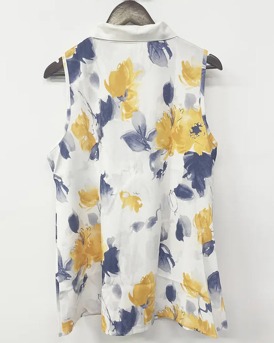 Sleeveless Lapel Printed Hollow Tank Top
