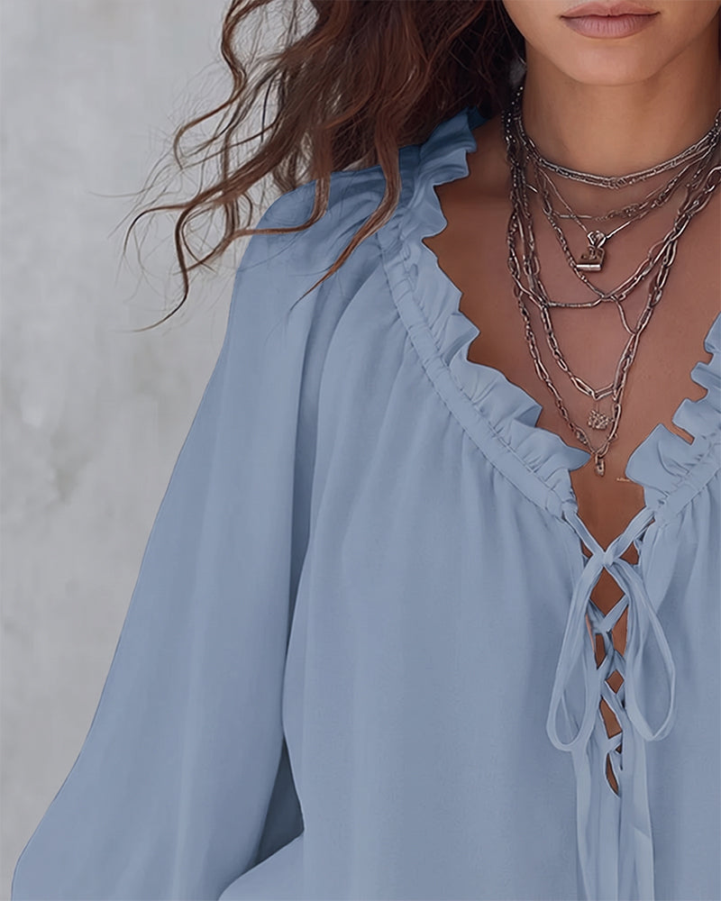 V-neck Lace Up Blouse