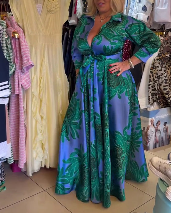 Long Sleeve V-Neck Waisted Swing Dress