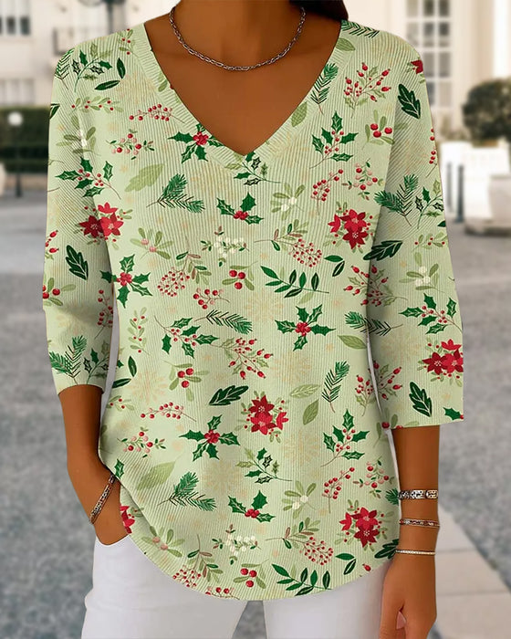 Women's Christmas Print V-Neck 3/4 Sleeve Casual Loose knitted top