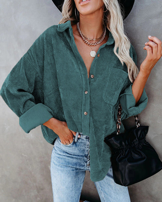 Solid Color Corduroy Pocket Blouse