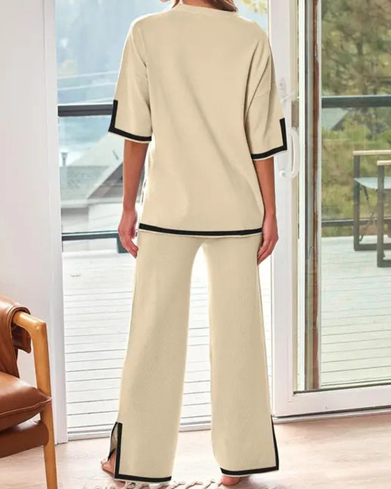 Round Neck Loose Contrast Trim Wide Leg Set