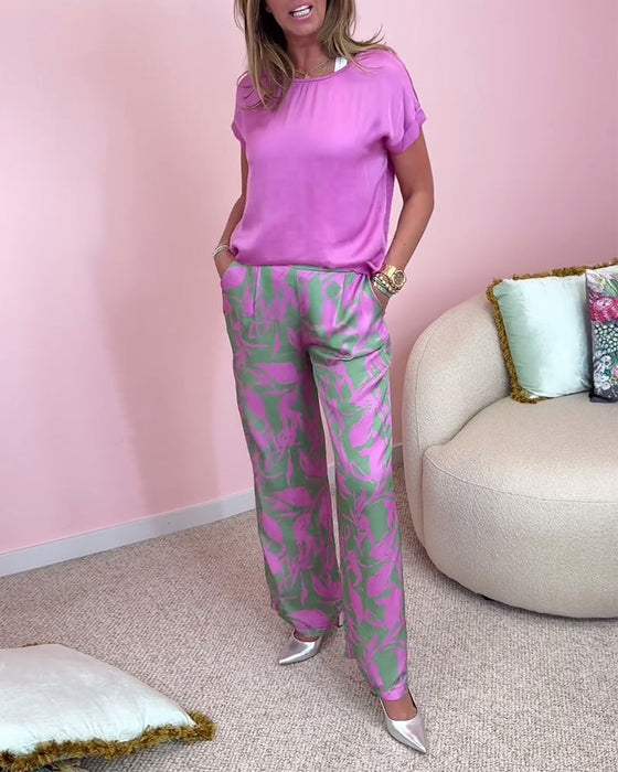 Casual printed short sleeve pocketed set