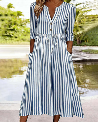 Blue And White Striped Three-Quarter Sleeve Dress