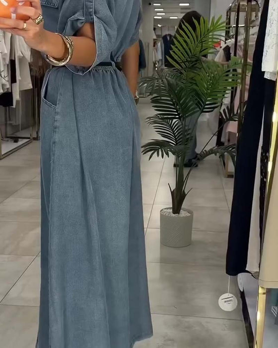 Shirt Collar Pocket Button Denim Dress