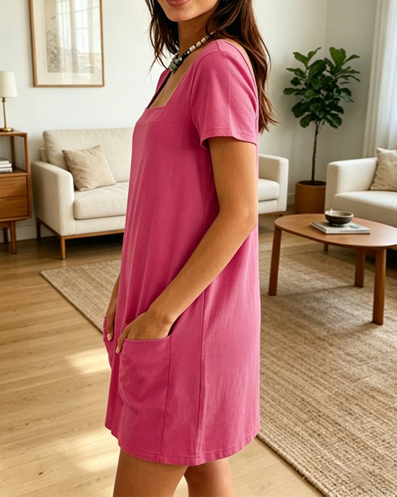 Square Neck Short-Sleeved Pocket Dress