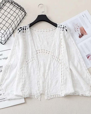 Solid Color Long Sleeve Hollow Out Cover Up