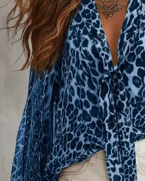 Sheer Leopard V‑Neck Long‑Sleeve Shirt