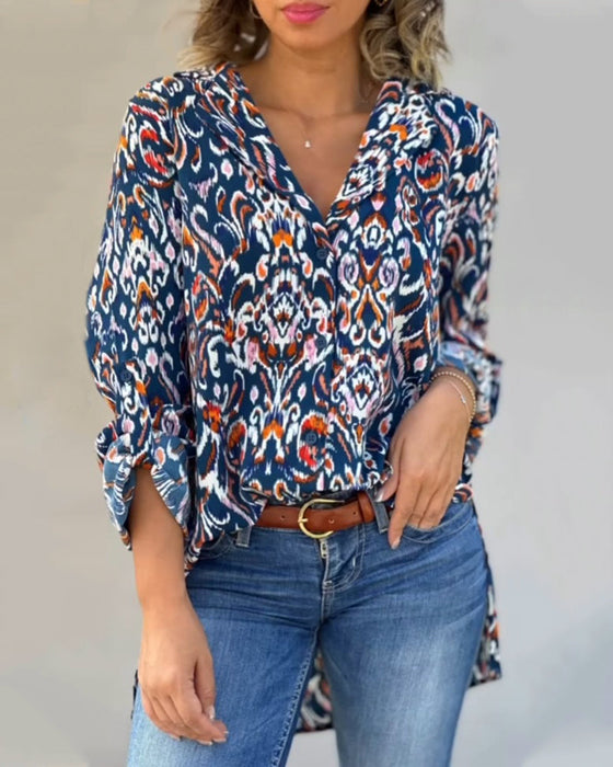 V-neck floral long-sleeved blouse