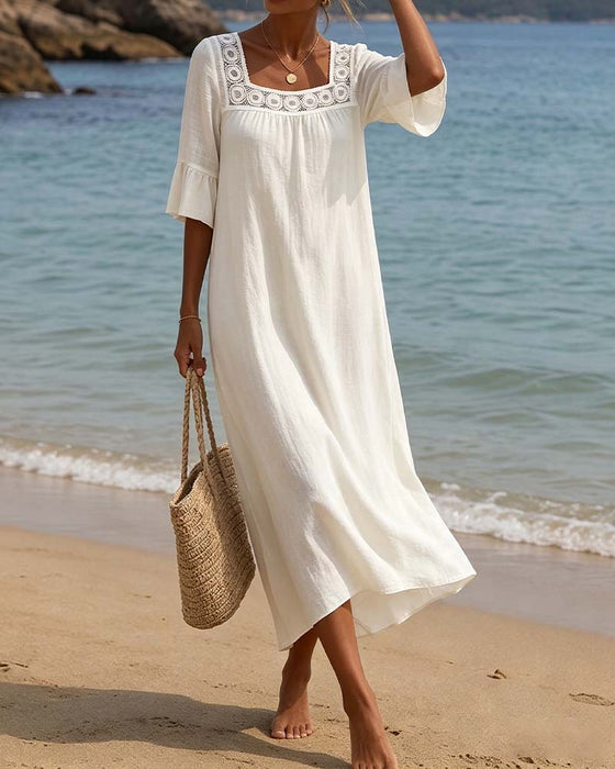 Square Neck Lace Ruffle Cutout Dress